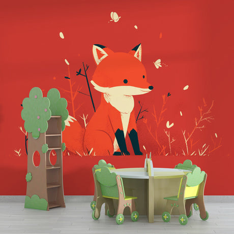 Forest fox wallpaper displayed in a bright nursery with natural wood furniture and soft lighting