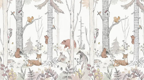 Forest animals line art design file showing full pattern with pink accent details