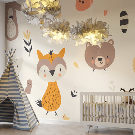 Forest Animals Wallpaper in bright nursery with white furniture showing fox and bear characters