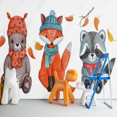 Forest Animals Wallpaper design file showing cute winter woodland creatures in watercolor style against crisp white background
