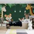 Forest animals wallpaper creating a cozy story corner in a modern nursery with gentle lighting and natural wood furniture
