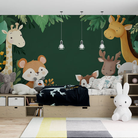 Forest animals wallpaper creating a cozy story corner in a modern nursery with gentle lighting and natural wood furniture