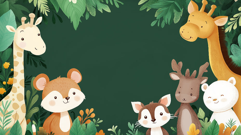 Woodland animals wallpaper design file showing sweet forest creatures and lush green background pattern