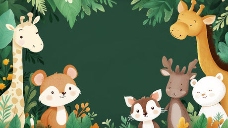 Woodland animals wallpaper design file showing sweet forest creatures and lush green background pattern