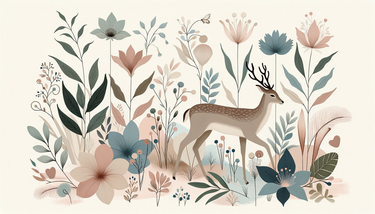 Forest deer wallpaper in cozy nursery with natural light showing botanical garden design
