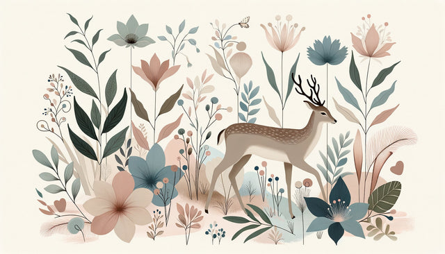 Forest deer wallpaper in cozy nursery with natural light showing botanical garden design