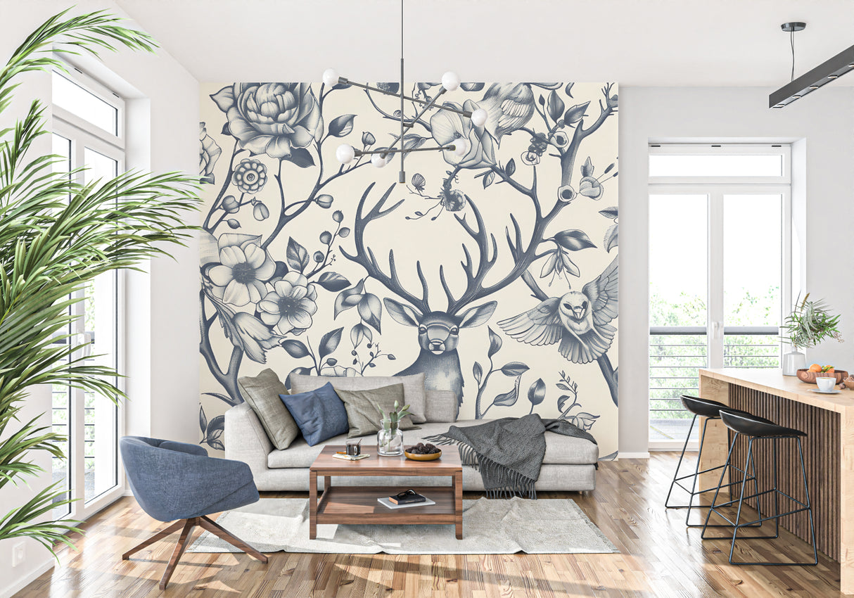 Forest Mural displayed in nursery with soft lighting and wooden accents