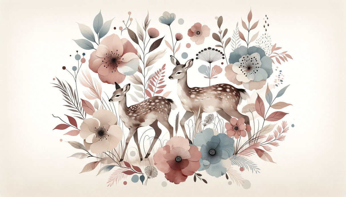 Woodland deer wallpaper in girl's bedroom with pink accents and natural light