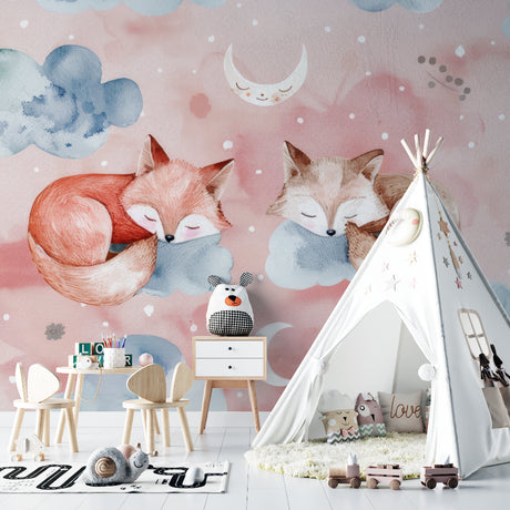 Forest animals wallpaper in a cozy nursery with pink and blue tones, showing sleeping fox design