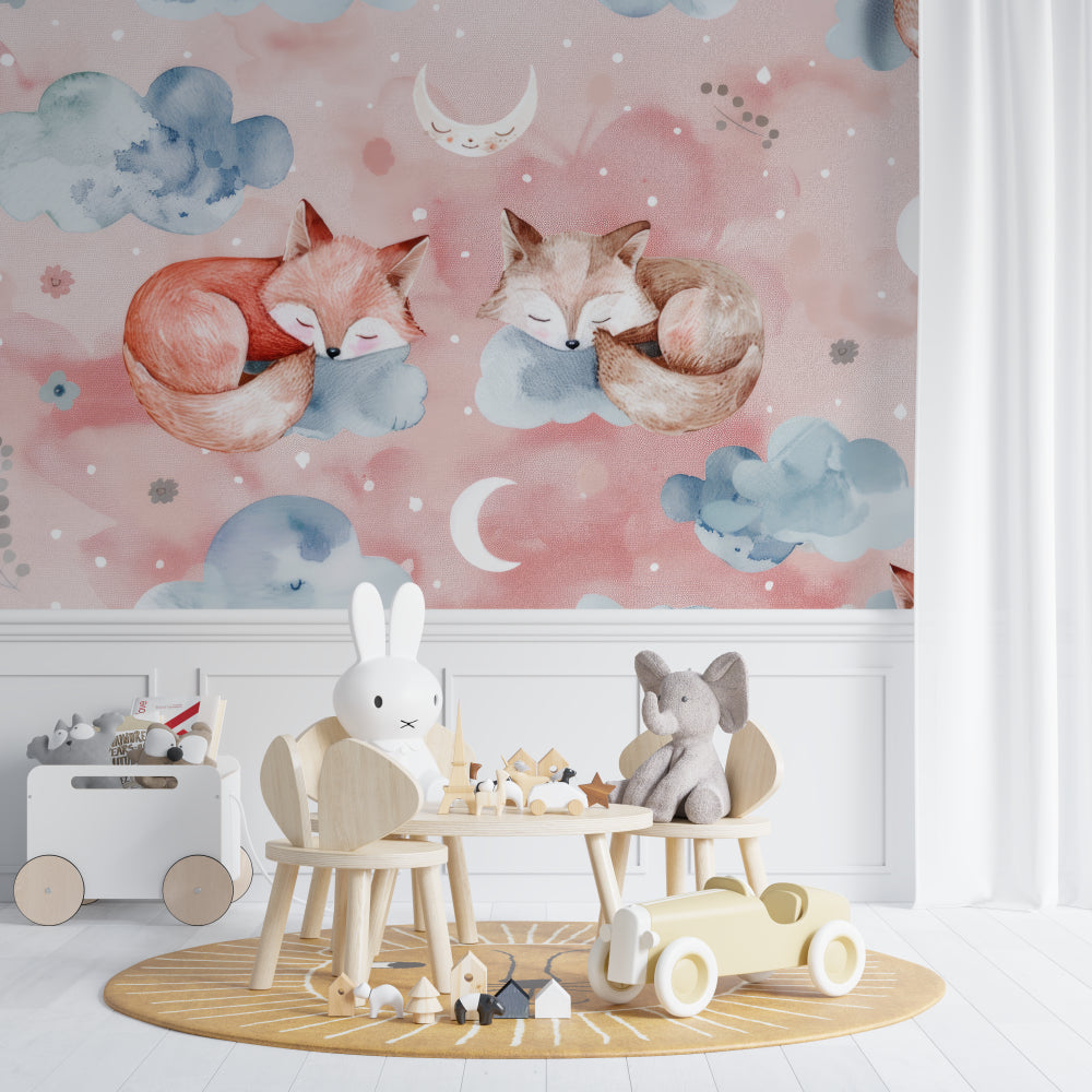 Dreamy fox wallpaper installed in a modern children's bedroom with soft lighting