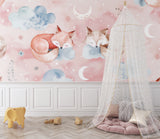 Fox and moon mural wallpaper in a playroom setting with natural light