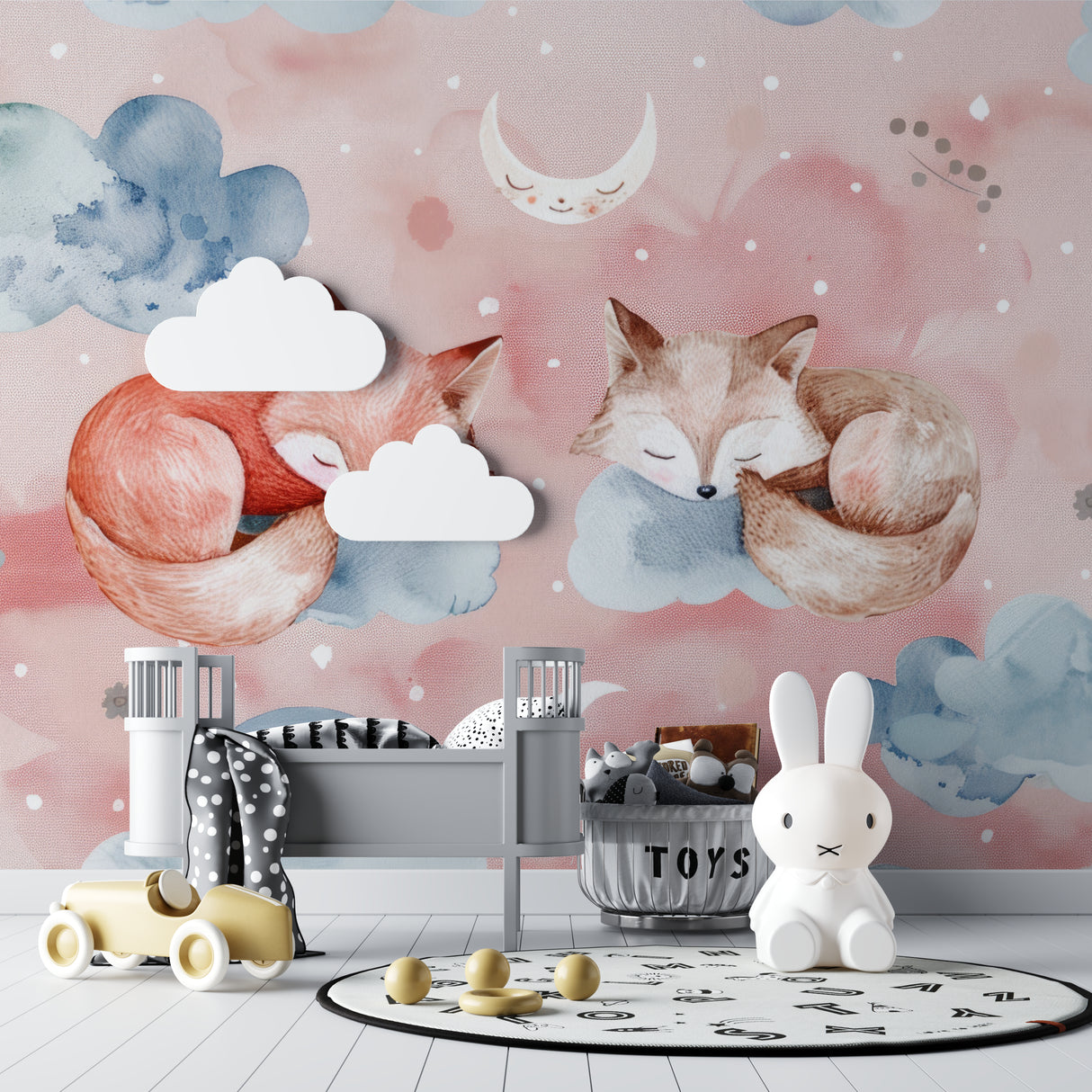 Woodland nursery featuring fox wallpaper with matching furniture and decor
