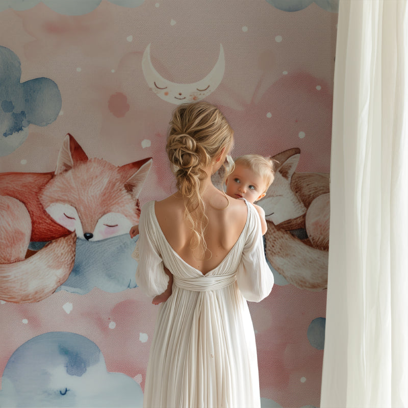 Baby room with forest animals wallpaper showing full wall installation