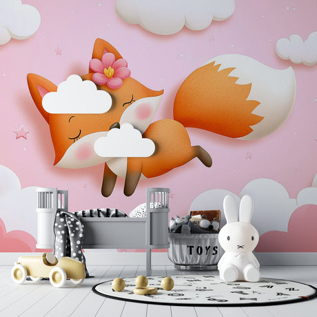 Fox nursery wallpaper creating a magical atmosphere in a pink and white nursery with wooden furniture