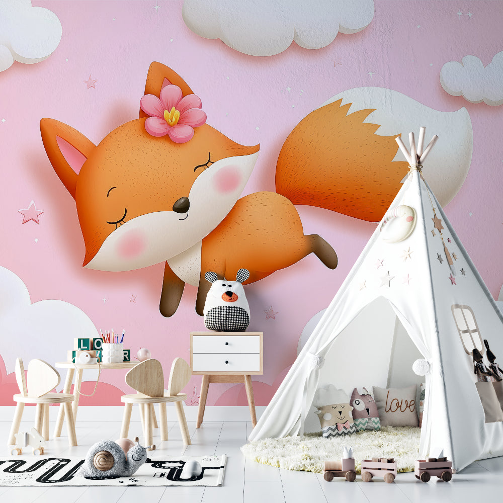 Dreamy fox mural wallpaper in a baby's nursery with natural light