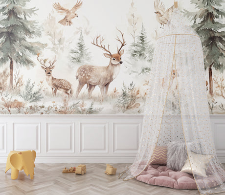 Forest Animals Wallpaper in cozy nursery with rocking chair and natural decor