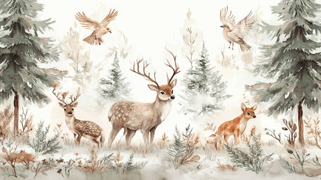 Enchanted forest design file with detailed deer and birds in soft watercolor style