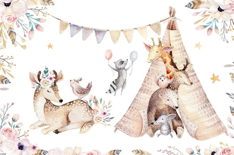 Design file of enchanted forest wallpaper with watercolor deer and floral elements