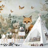 Fox and butterfly wallpaper transforming a playroom with magical forest vibes