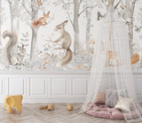 Enchanted forest wallpaper transforming playroom with natural decor elements