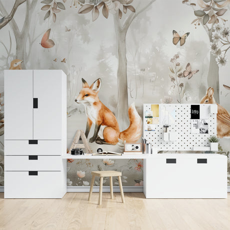 Forest animals wallpaper creating a cozy reading nook in a modern nursery with soft lighting