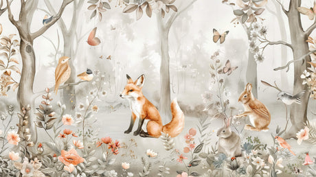 Forest animals wallpaper design file showing detailed fox and butterfly pattern in soft earth tones