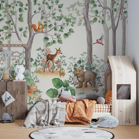 Forest Animals Wallpaper creating a cozy reading nook in a modern nursery with natural lighting