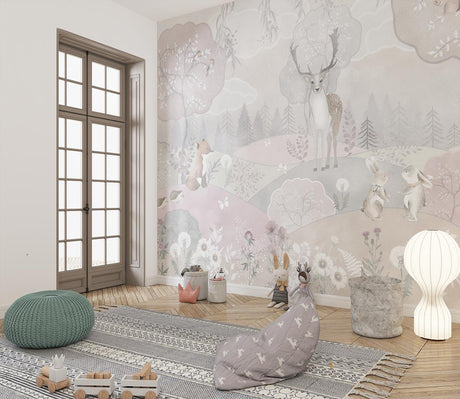 Forest Animals Wallpaper in soft pastels creating a cozy atmosphere in a modern nursery