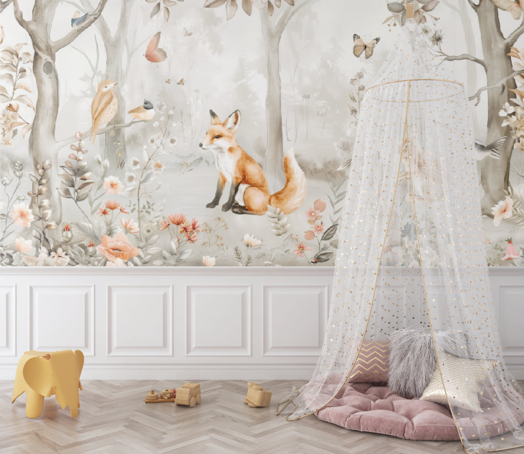 Forest animals wallpaper styled in a cozy nursery with soft lighting and natural wood furniture