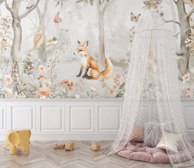 Forest animals wallpaper styled in a cozy nursery with soft lighting and natural wood furniture
