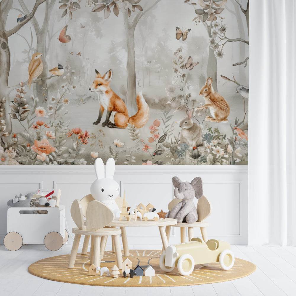 Woodland animals mural creating magic in a children's reading nook with comfortable seating