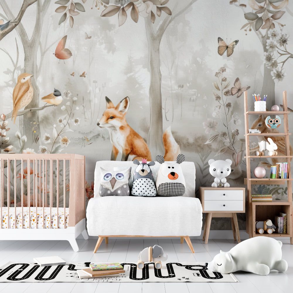 Enchanted forest wallpaper bringing nature into a peaceful bedroom setting