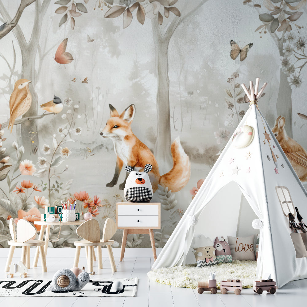 Forest wildlife mural displayed in a modern playroom with minimal decor