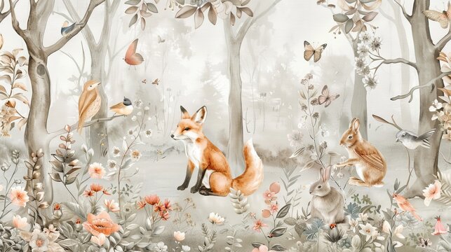 Design file showing detailed forest animals pattern with fox and rabbits in soft peach and grey tones