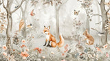 Design file showing detailed forest animals pattern with fox and rabbits in soft peach and grey tones