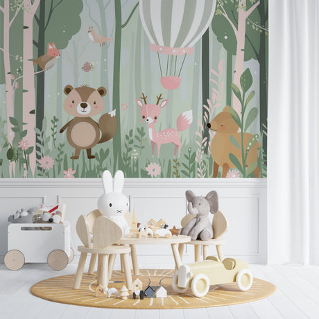 Forest animals wallpaper creating a cozy atmosphere in a modern nursery with natural light