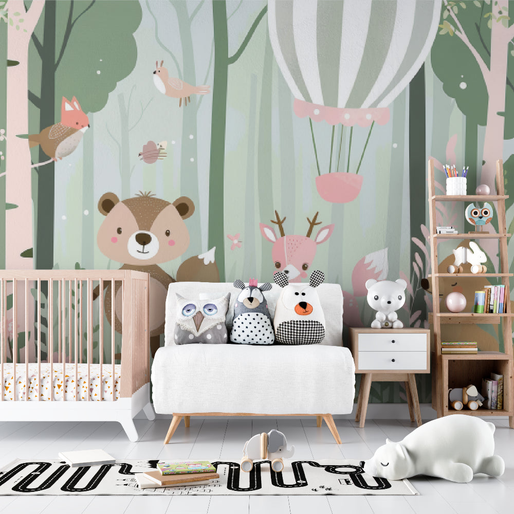 Woodland nursery wallpaper displayed in a reading nook with soft furnishings