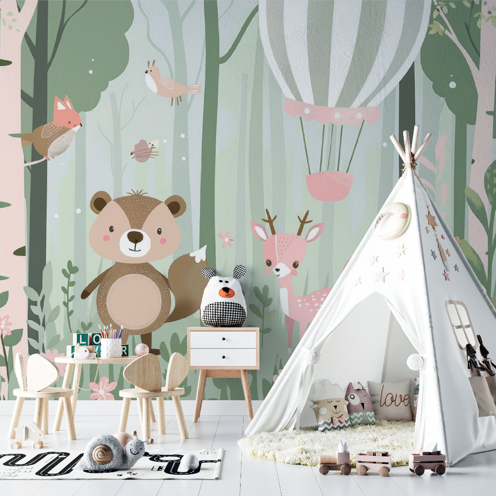 Forest animal mural bringing charm to a toddler's bedroom with gentle lighting