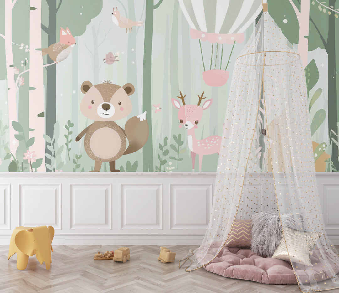 Enchanted woodland wallpaper featured in a baby's room with white furniture