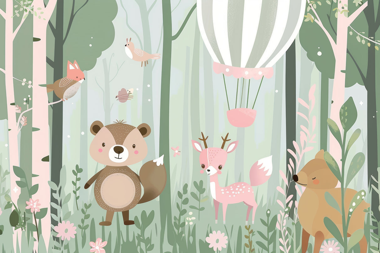 Design file showing sweet woodland creatures and hot air balloon pattern on sage green background