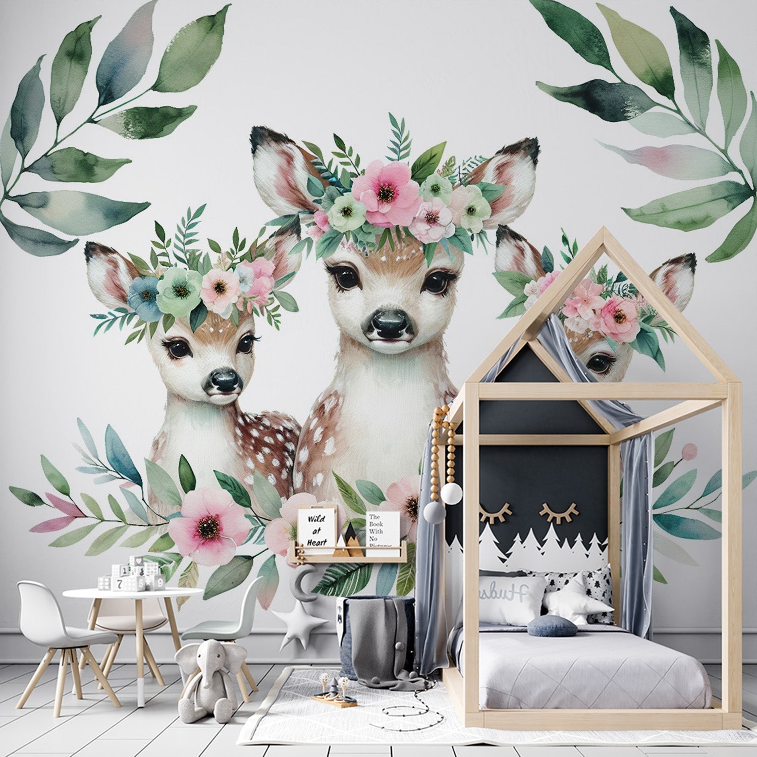 Forest animals wallpaper with deer family displayed in a bright nursery, creating a peaceful woodland atmosphere