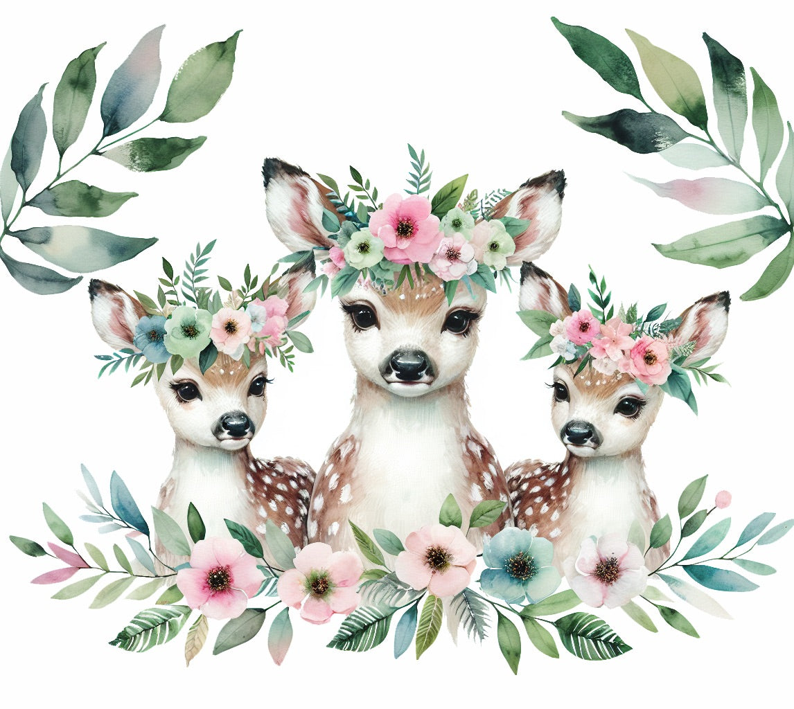 Forest animals wallpaper design file showing watercolor deer family with floral details