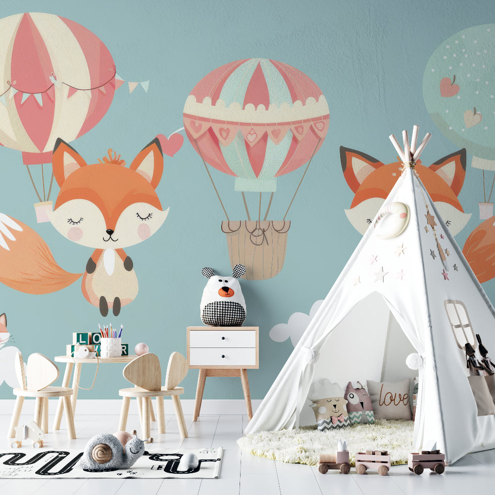 Woodland nursery wallpaper in playroom setting with reading nook and stuffed animals