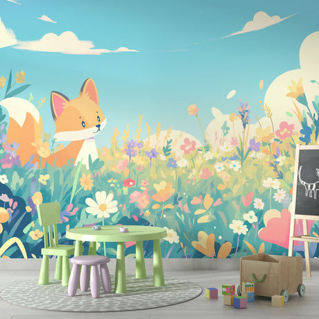 Forest animal wallpaper featuring a fox in meadow scene, styled in a bright nursery with natural wood furniture