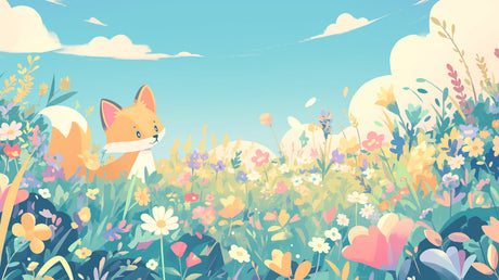 Fox and wildflower meadow design file showing full pattern with detailed florals and gentle color palette