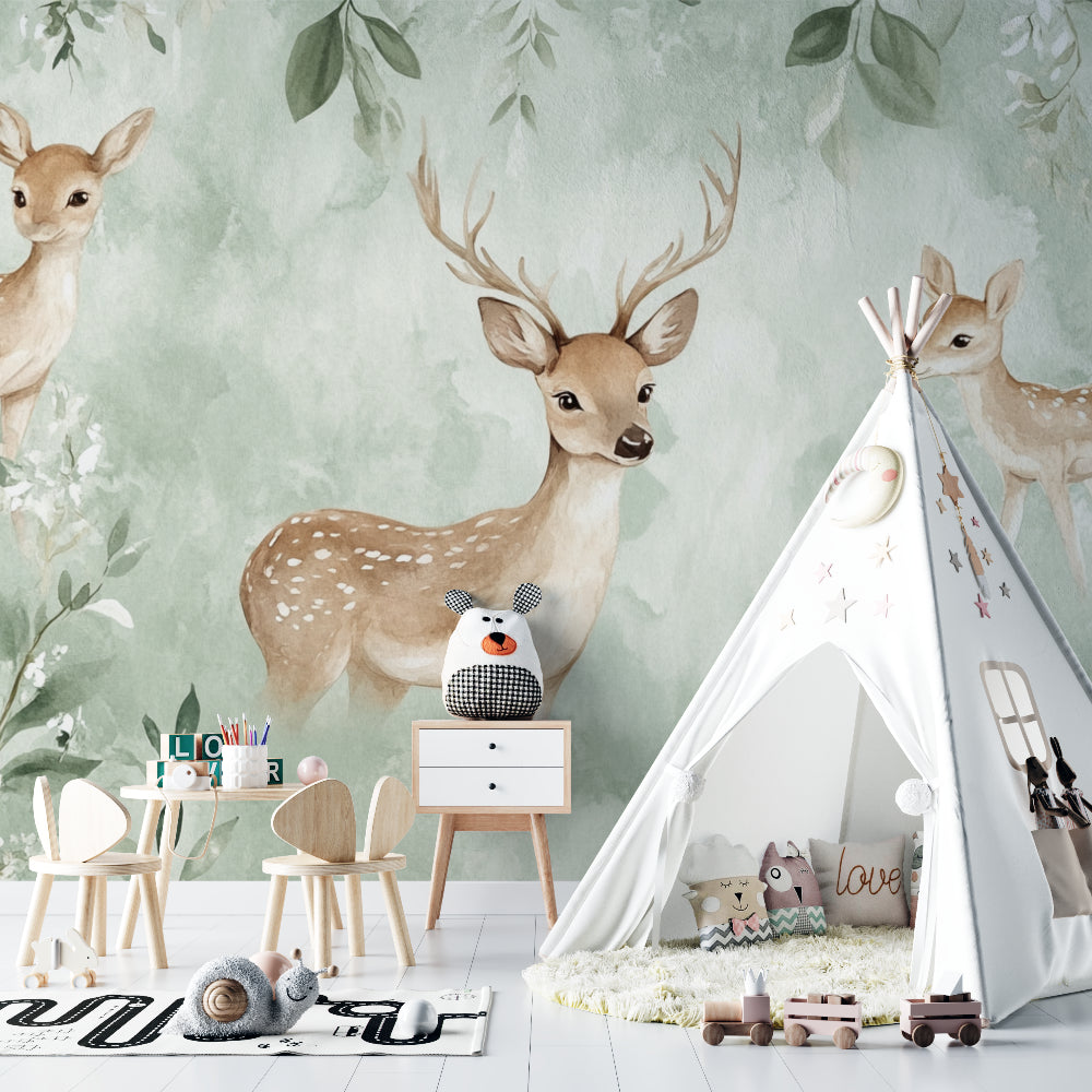 Forest Animals Wallpaper in cozy nursery with rocking chair and natural light showing gentle deer design