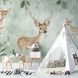 Forest Animals Wallpaper in cozy nursery with rocking chair and natural light showing gentle deer design