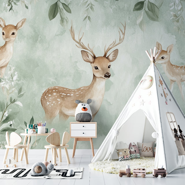 Forest Animals Wallpaper in cozy nursery with rocking chair and natural light showing gentle deer design