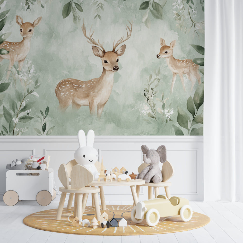 Woodland deer wallpaper creating calm atmosphere in child's reading nook
