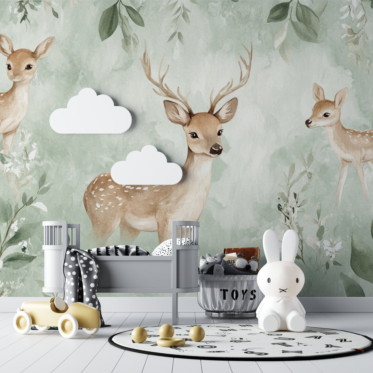 Forest animal mural transforming modern living room with soft sage green tones